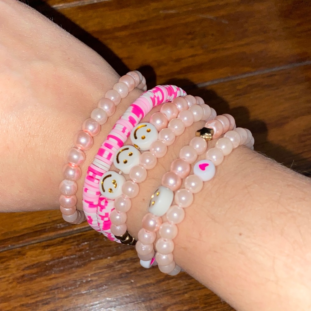 Pink and White Beaded Bracelets Set
